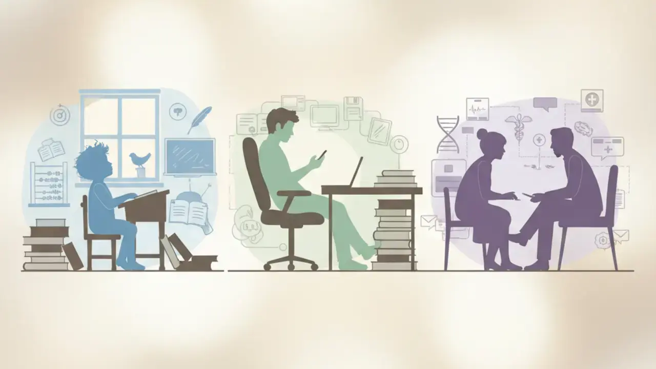 Pessoa sentada em uma mesa de café, com pensamentos e memórias sobre sua trajetória de vida em balões de fala, ilustrando a importância do contexto na avaliação de TDAH em adultos.